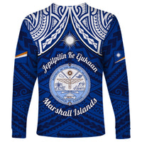 Marshall Islands Long Sleeve Shirt Blue Polynesian Tribal Mix Coat Of Arms LT14 - Polynesian Pride