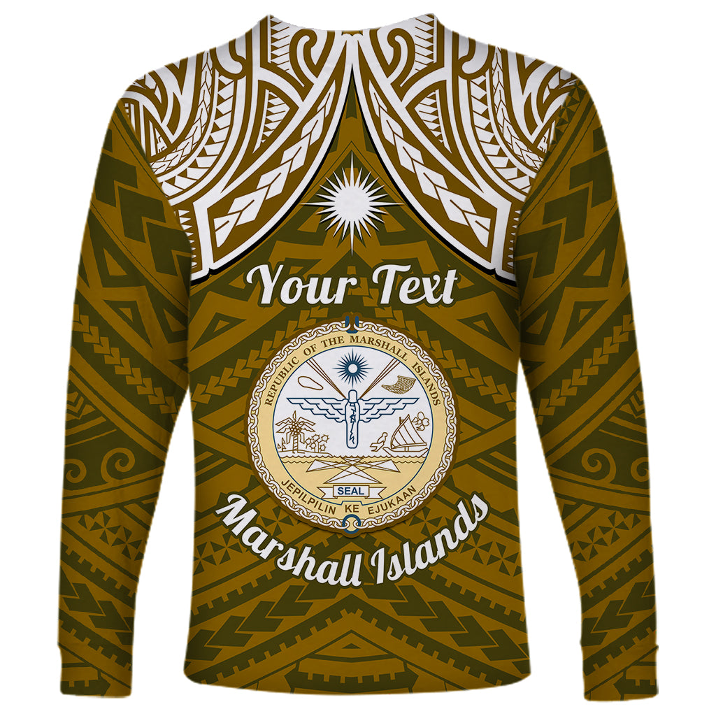 Personalised Marshall Islands Long Sleeve Shirt Gold Polynesian Tribal Mix Coat Of Arms LT14 - Polynesian Pride