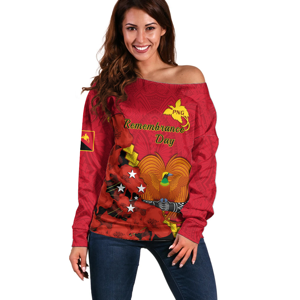 Personalised Remembrance Day PNG Off Shoulder Sweater Papua New Guinea We Will Remember Them LT14 Women Red - Polynesian Pride