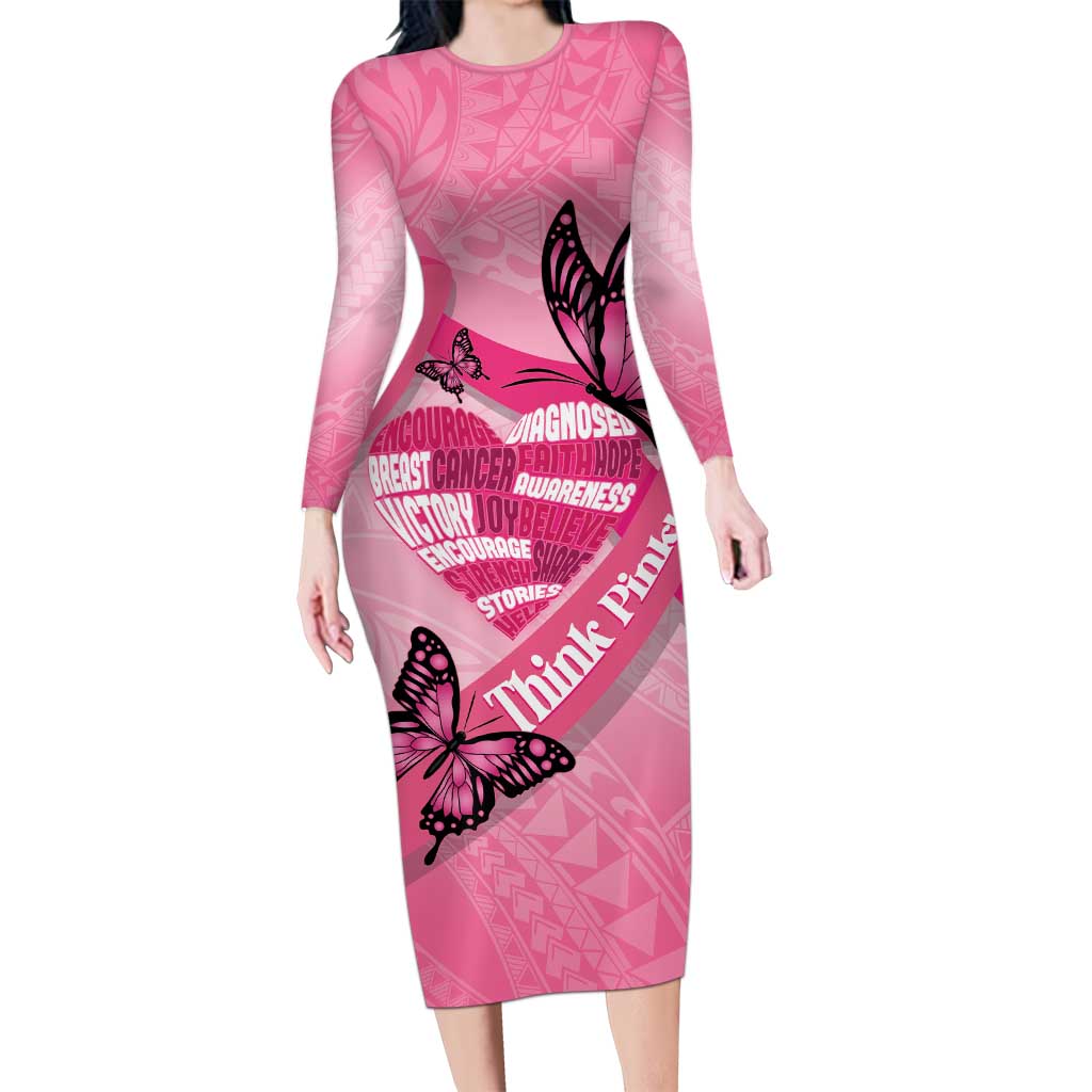 Polynesia Breast Cancer Awareness Month Long Sleeve Bodycon Dress Pink Ribbon Mix Butterflies LT14 Long Dress Pink - Polynesian Pride