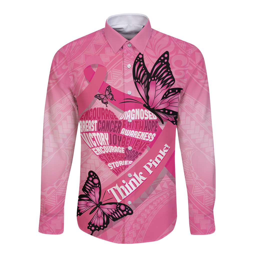 Polynesia Breast Cancer Awareness Month Long Sleeve Button Shirt Pink Ribbon Mix Butterflies LT14 Unisex Pink - Polynesian Pride