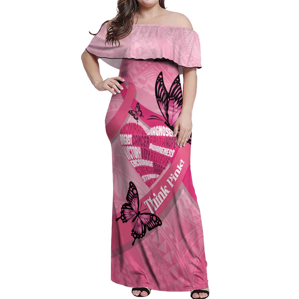 Polynesia Breast Cancer Awareness Month Off Shoulder Maxi Dress Pink Ribbon Mix Butterflies LT14 Women Pink - Polynesian Pride