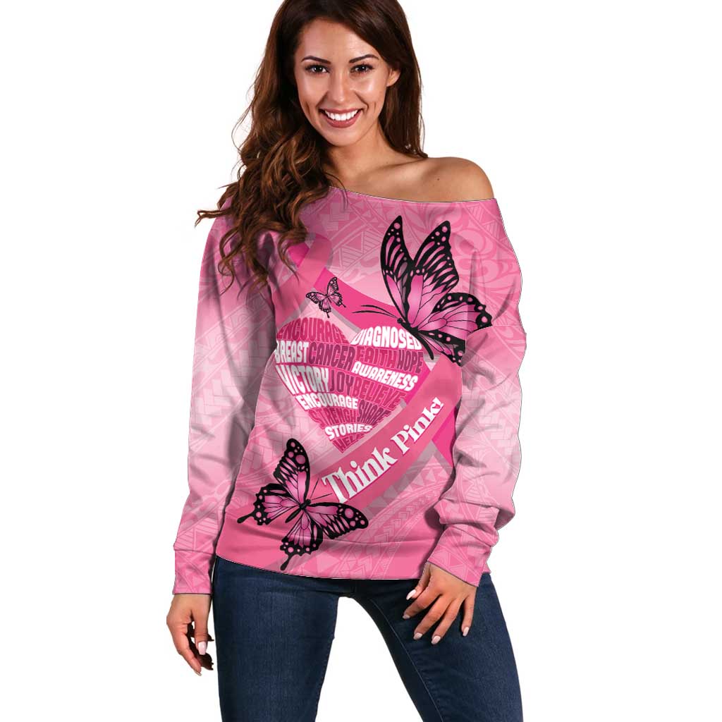 Polynesia Breast Cancer Awareness Month Off Shoulder Sweater Pink Ribbon Mix Butterflies LT14 Women Pink - Polynesian Pride