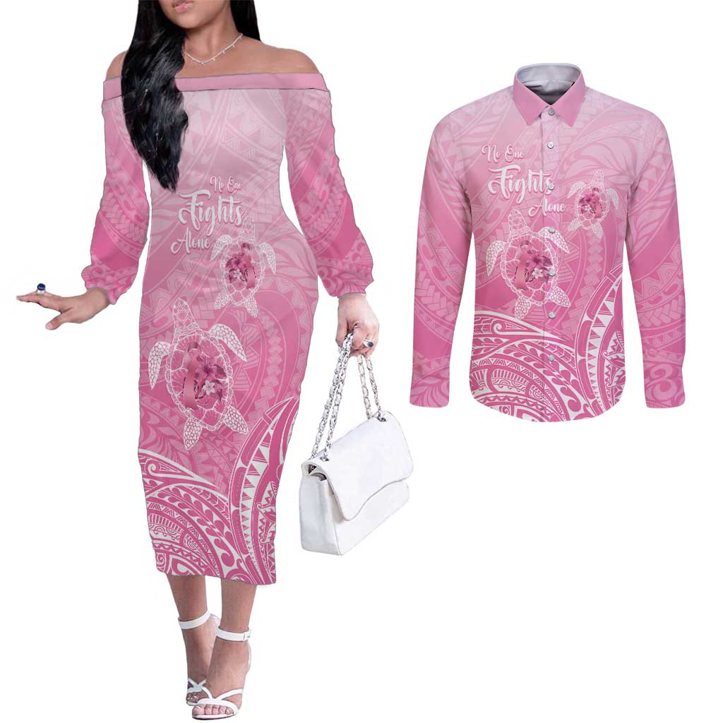 Personalised Polynesia Breast Cancer Awareness Couples Matching Off The Shoulder Long Sleeve Dress and Long Sleeve Button Shirt No One Fights Alone Turtle Ribbon - Pink Version