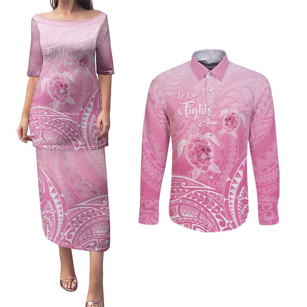 Personalised Polynesia Breast Cancer Awareness Couples Matching Puletasi and Long Sleeve Button Shirt No One Fights Alone Turtle Ribbon - Pink Version