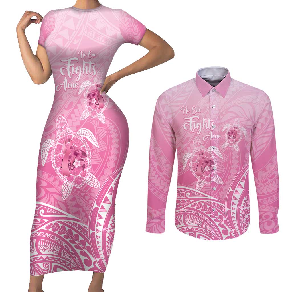 Personalised Polynesia Breast Cancer Awareness Couples Matching Short Sleeve Bodycon Dress and Long Sleeve Button Shirt No One Fights Alone Turtle Ribbon - Pink Version