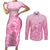 Personalised Polynesia Breast Cancer Awareness Couples Matching Short Sleeve Bodycon Dress and Long Sleeve Button Shirt No One Fights Alone Turtle Ribbon - Pink Version