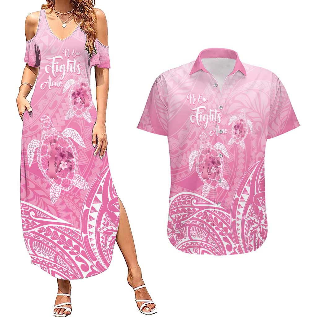 Personalised Polynesia Breast Cancer Awareness Couples Matching Summer Maxi Dress and Hawaiian Shirt No One Fights Alone Turtle Ribbon - Pink Version