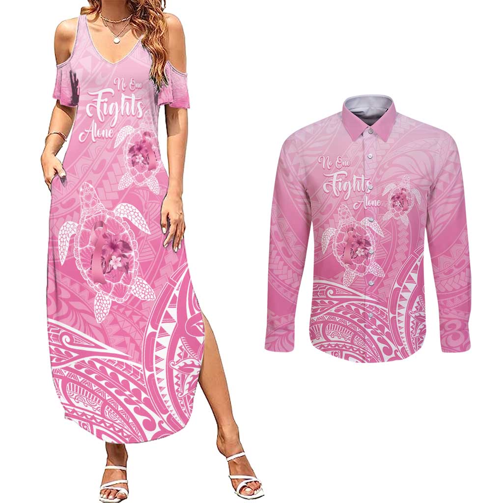 Personalised Polynesia Breast Cancer Awareness Couples Matching Summer Maxi Dress and Long Sleeve Button Shirt No One Fights Alone Turtle Ribbon - Pink Version