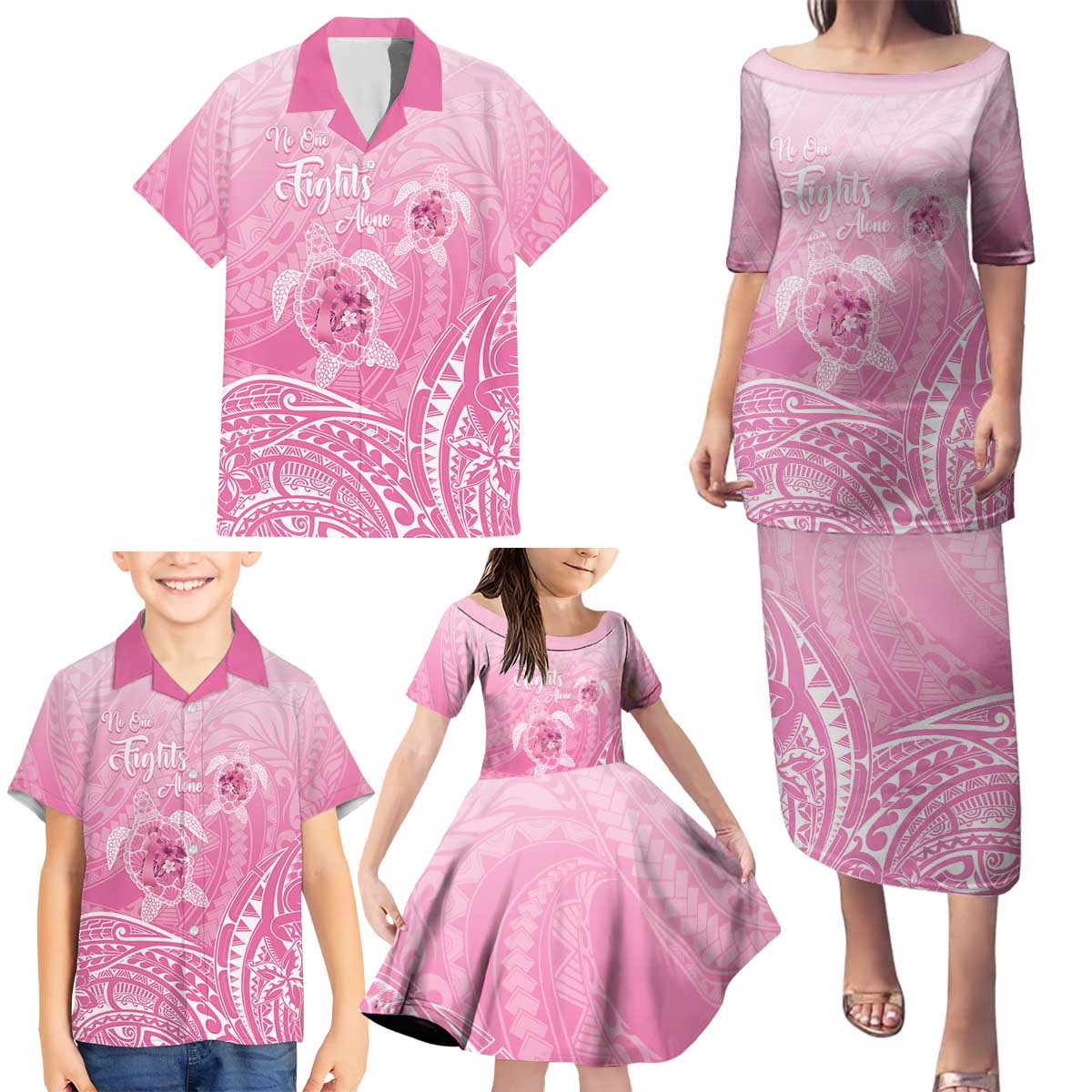 Personalised Polynesia Breast Cancer Awareness Family Matching Puletasi and Hawaiian Shirt No One Fights Alone Turtle Ribbon - Pink Version