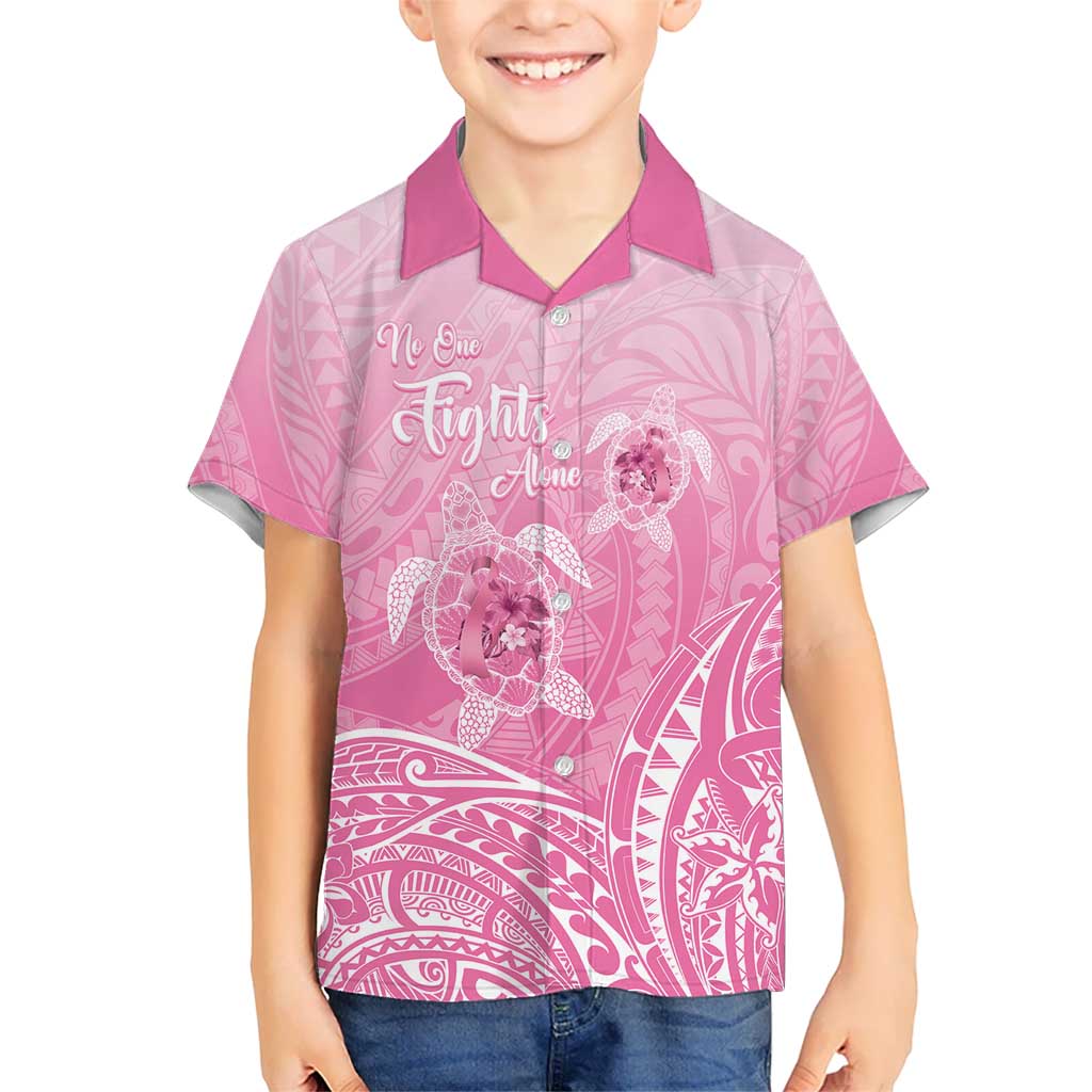 Personalised Polynesia Breast Cancer Awareness Kid Hawaiian Shirt No One Fights Alone Turtle Ribbon - Pink Version