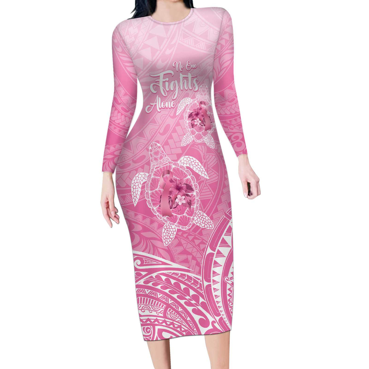 Personalised Polynesia Breast Cancer Awareness Long Sleeve Bodycon Dress No One Fights Alone Turtle Ribbon - Pink Version LT14 Long Dress Pink - Polynesian Pride