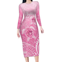 Personalised Polynesia Breast Cancer Awareness Long Sleeve Bodycon Dress No One Fights Alone Turtle Ribbon - Pink Version LT14 Long Dress Pink - Polynesian Pride