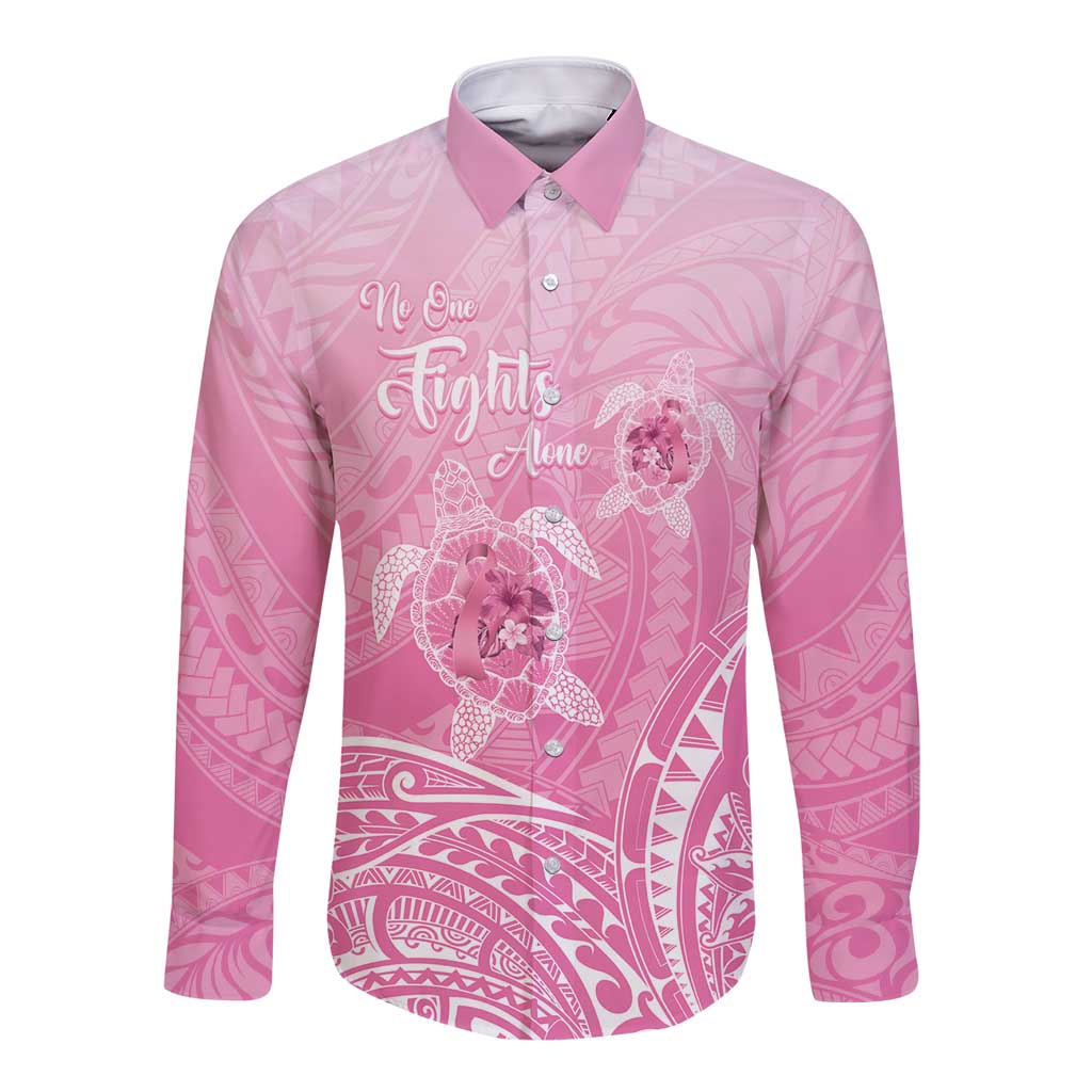 Personalised Polynesia Breast Cancer Awareness Long Sleeve Button Shirt No One Fights Alone Turtle Ribbon - Pink Version LT14 Unisex Pink - Polynesian Pride