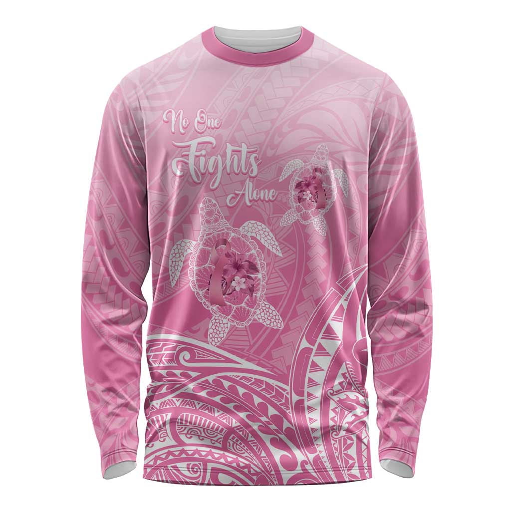 Personalised Polynesia Breast Cancer Awareness Long Sleeve Shirt No One Fights Alone Turtle Ribbon - Pink Version LT14 Unisex Pink - Polynesian Pride