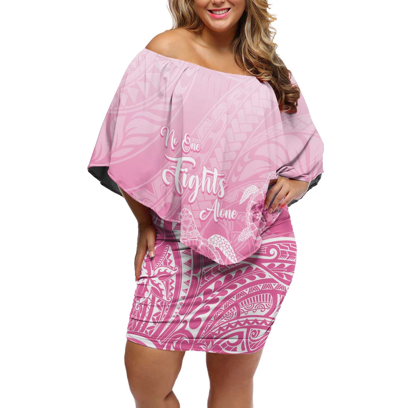 Personalised Polynesia Breast Cancer Awareness Off Shoulder Short Dress No One Fights Alone Turtle Ribbon - Pink Version LT14 Women Pink - Polynesian Pride