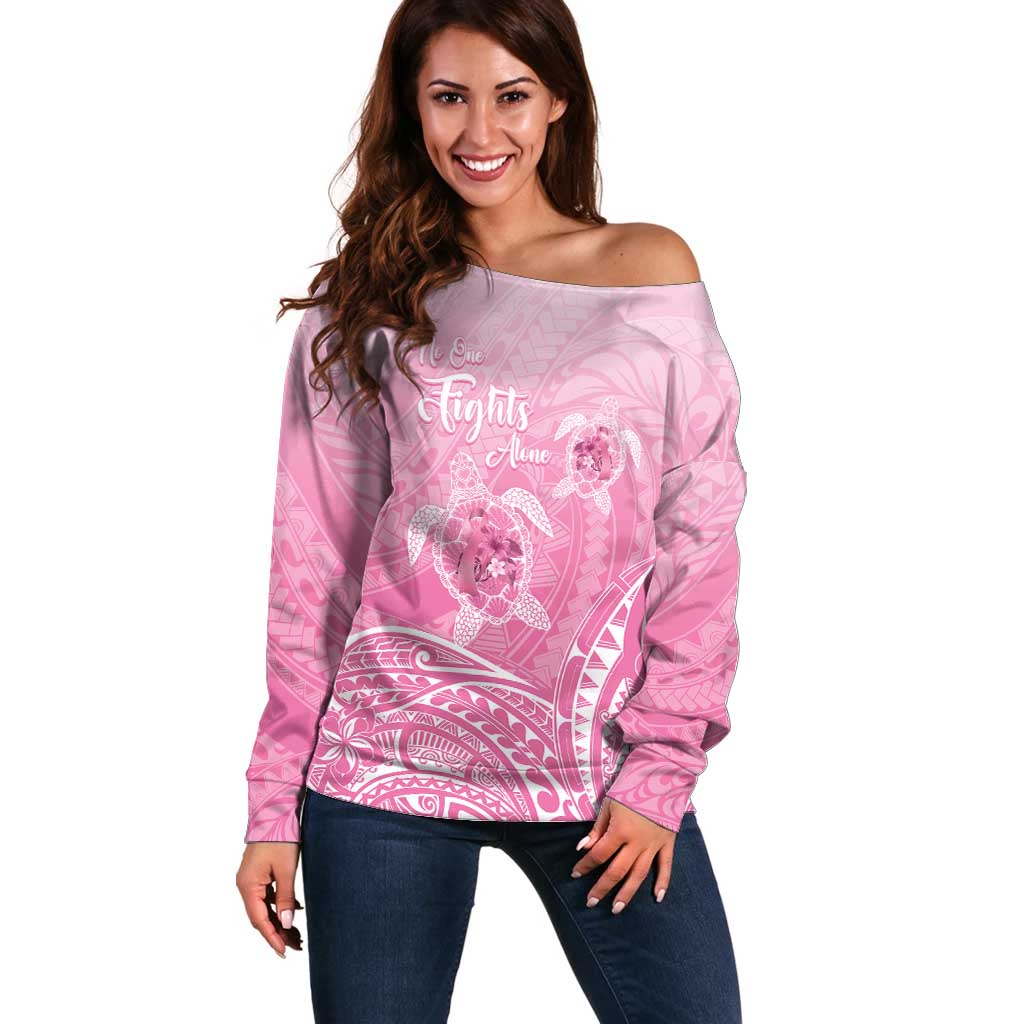 Personalised Polynesia Breast Cancer Awareness Off Shoulder Sweater No One Fights Alone Turtle Ribbon - Pink Version