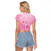 Personalised Polynesia Breast Cancer Awareness Raglan Cropped T Shirt No One Fights Alone Turtle Ribbon - Pink Version LT14 - Polynesian Pride