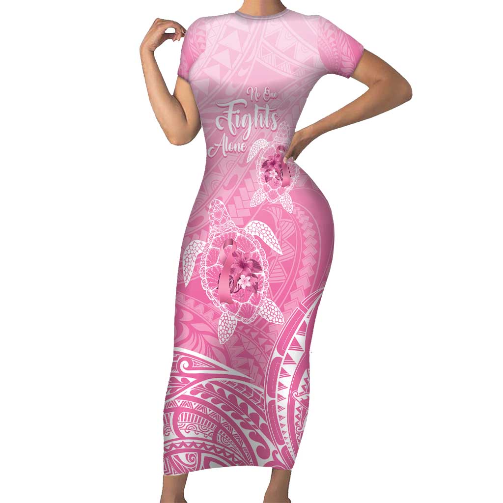 Personalised Polynesia Breast Cancer Awareness Short Sleeve Bodycon Dress No One Fights Alone Turtle Ribbon - Pink Version