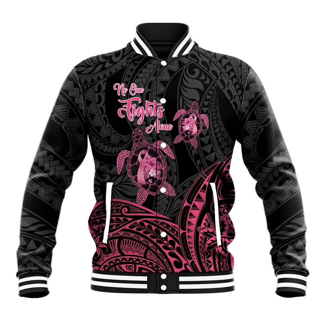 Personalised Polynesia Breast Cancer Awareness Baseball Jacket No One Fights Alone Turtle Ribbon - Black Version LT14 Unisex Black - Polynesian Pride