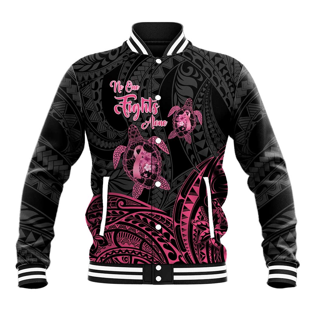 Personalised Polynesia Breast Cancer Awareness Baseball Jacket No One Fights Alone Turtle Ribbon - Black Version