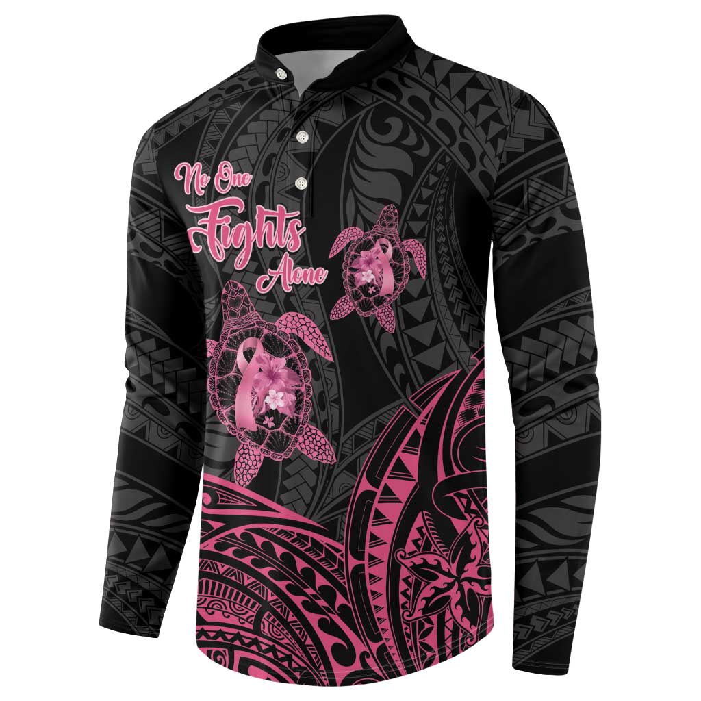 Personalised Polynesia Breast Cancer Awareness Button Sweatshirt No One Fights Alone Turtle Ribbon - Black Version LT14 - Polynesian Pride