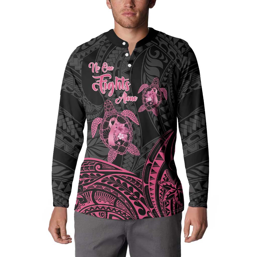 Personalised Polynesia Breast Cancer Awareness Button Sweatshirt No One Fights Alone Turtle Ribbon - Black Version LT14 - Polynesian Pride