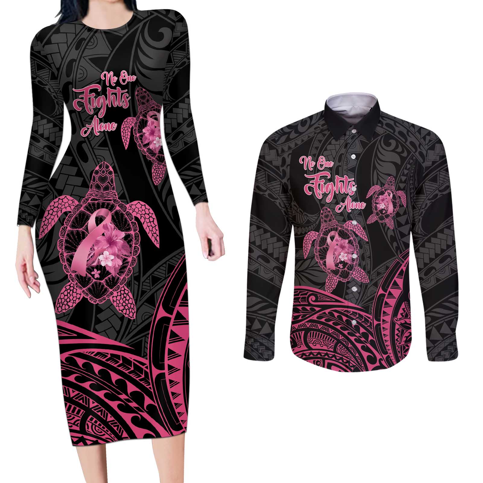 Personalised Polynesia Breast Cancer Awareness Couples Matching Long Sleeve Bodycon Dress and Long Sleeve Button Shirt No One Fights Alone Turtle Ribbon - Black Version