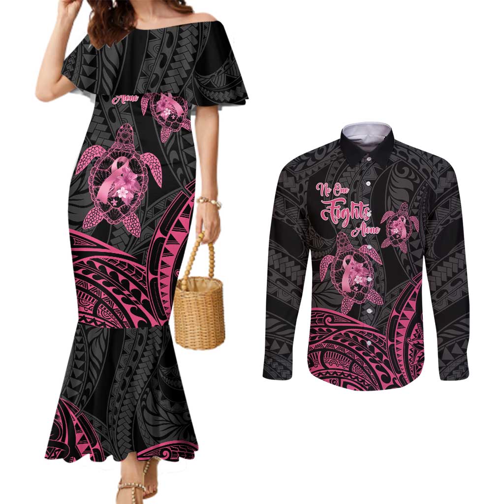 Personalised Polynesia Breast Cancer Awareness Couples Matching Mermaid Dress and Long Sleeve Button Shirt No One Fights Alone Turtle Ribbon - Black Version