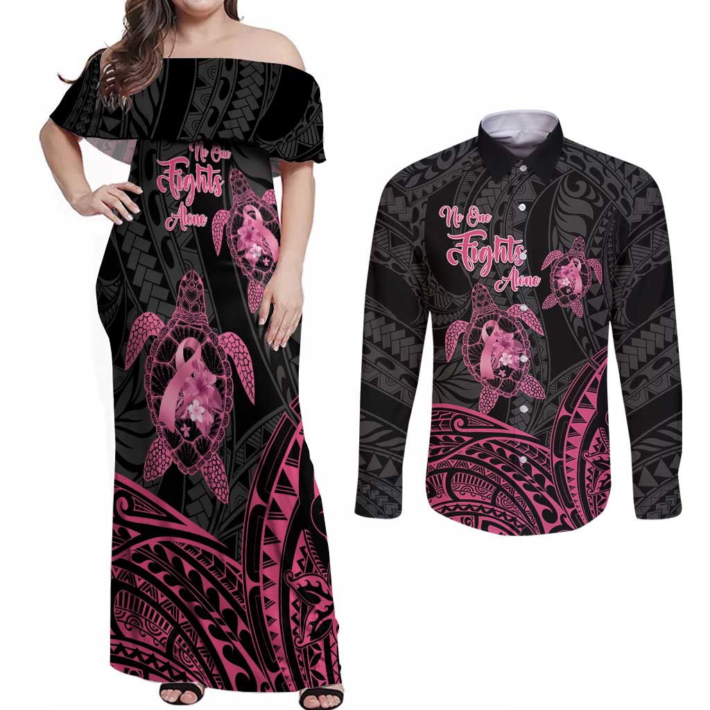 Personalised Polynesia Breast Cancer Awareness Couples Matching Off Shoulder Maxi Dress and Long Sleeve Button Shirt No One Fights Alone Turtle Ribbon - Black Version