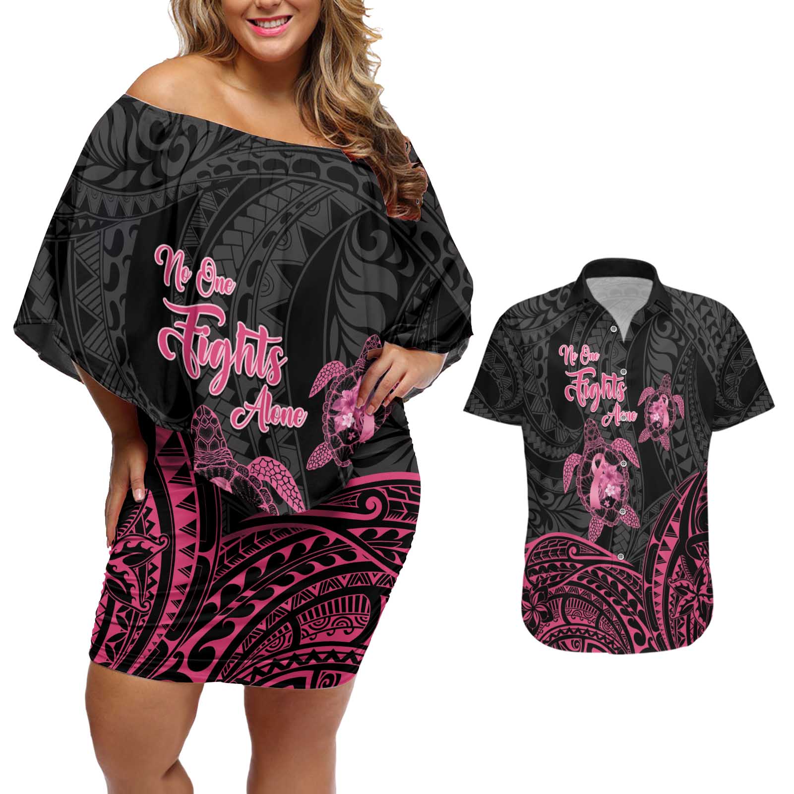 Personalised Polynesia Breast Cancer Awareness Couples Matching Off Shoulder Short Dress and Hawaiian Shirt No One Fights Alone Turtle Ribbon - Black Version