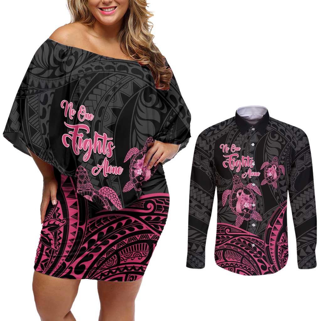 Personalised Polynesia Breast Cancer Awareness Couples Matching Off Shoulder Short Dress and Long Sleeve Button Shirt No One Fights Alone Turtle Ribbon - Black Version