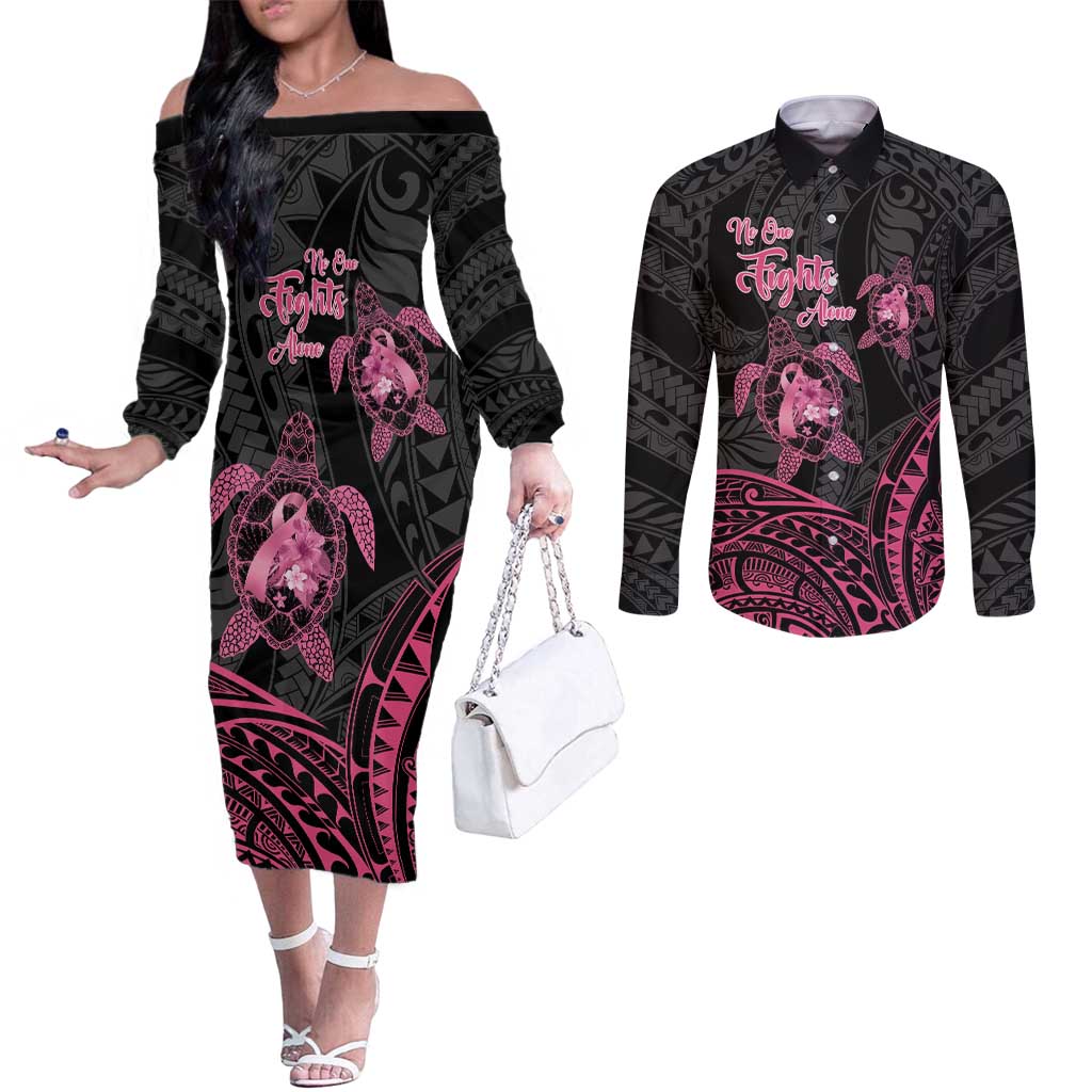 Personalised Polynesia Breast Cancer Awareness Couples Matching Off The Shoulder Long Sleeve Dress and Long Sleeve Button Shirt No One Fights Alone Turtle Ribbon - Black Version