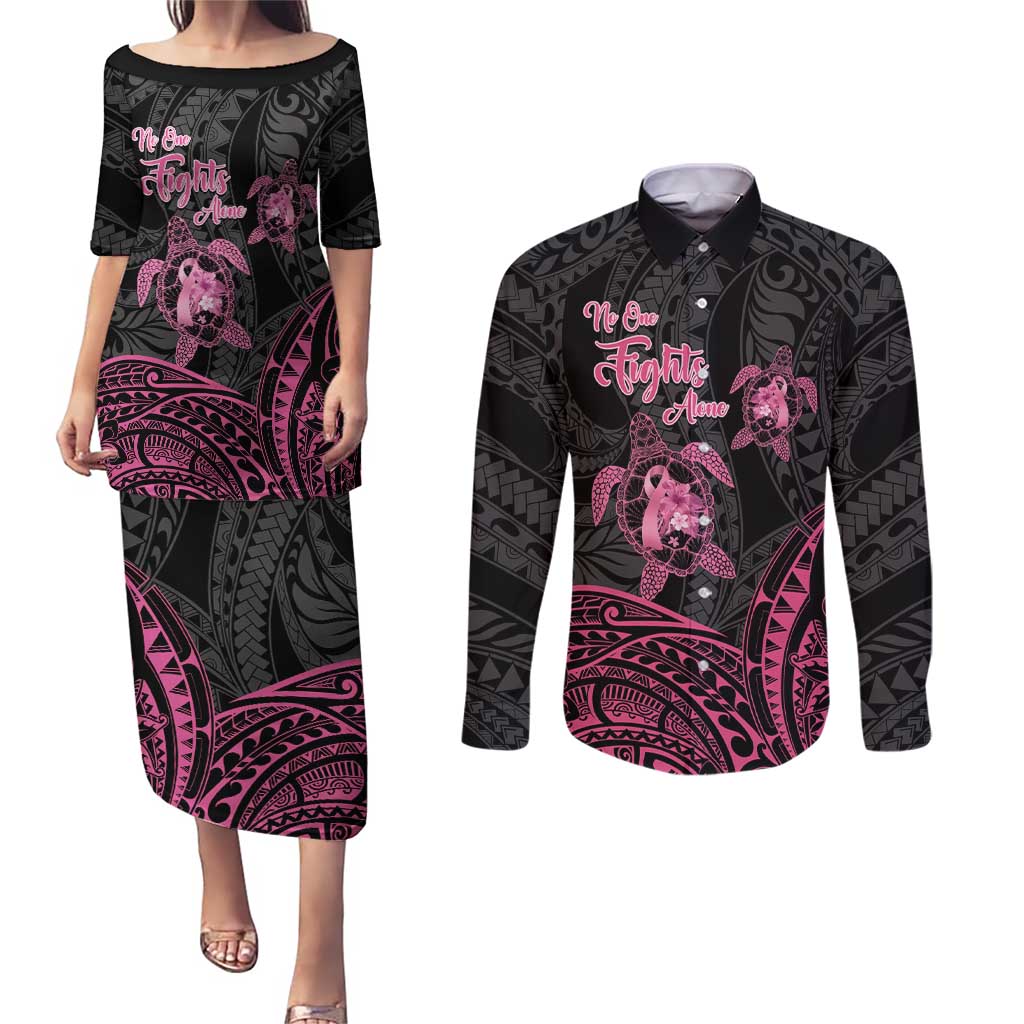 Personalised Polynesia Breast Cancer Awareness Couples Matching Puletasi and Long Sleeve Button Shirt No One Fights Alone Turtle Ribbon - Black Version