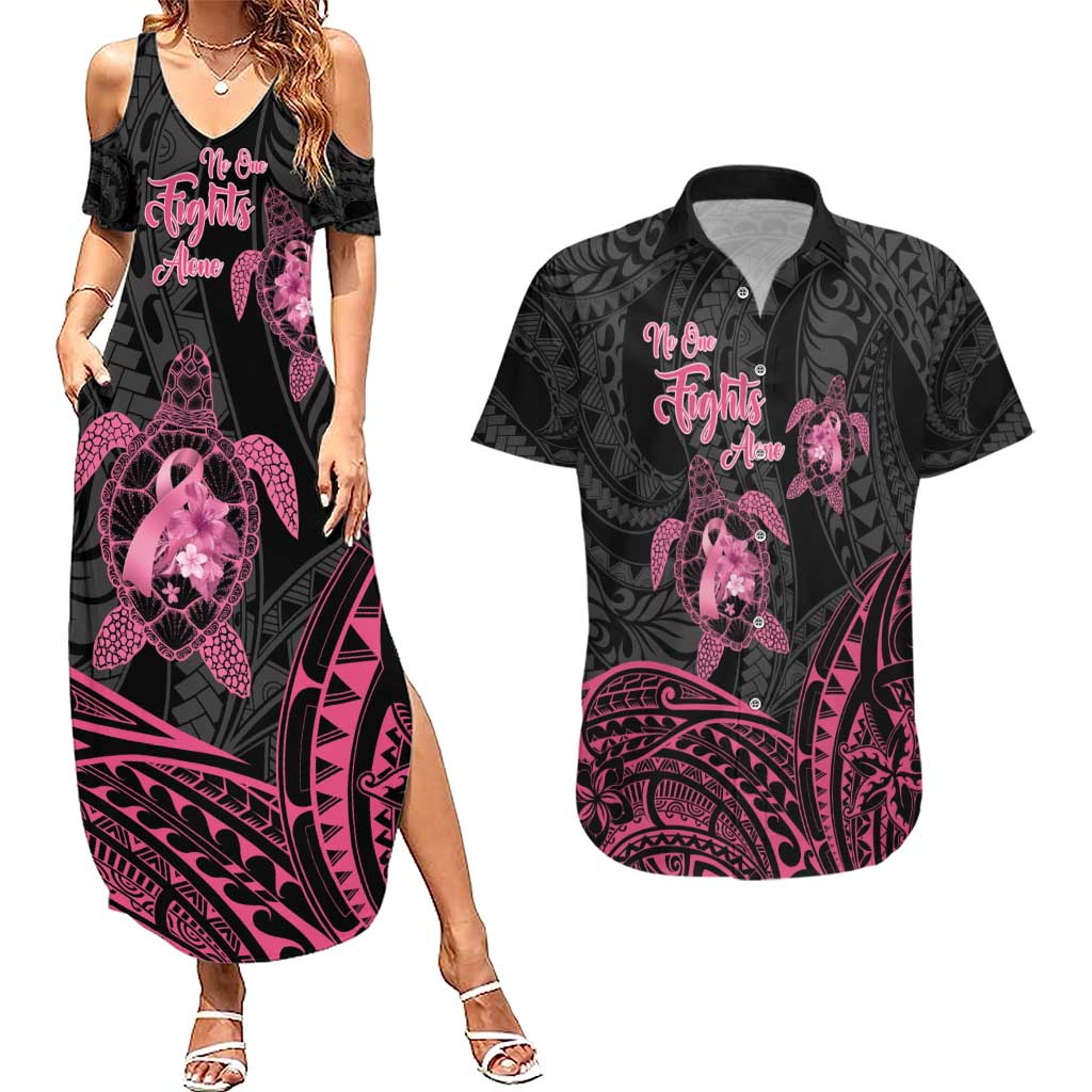 Personalised Polynesia Breast Cancer Awareness Couples Matching Summer Maxi Dress and Hawaiian Shirt No One Fights Alone Turtle Ribbon - Black Version