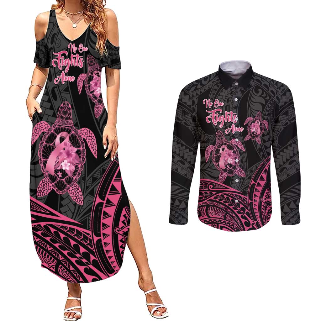 Personalised Polynesia Breast Cancer Awareness Couples Matching Summer Maxi Dress and Long Sleeve Button Shirt No One Fights Alone Turtle Ribbon - Black Version