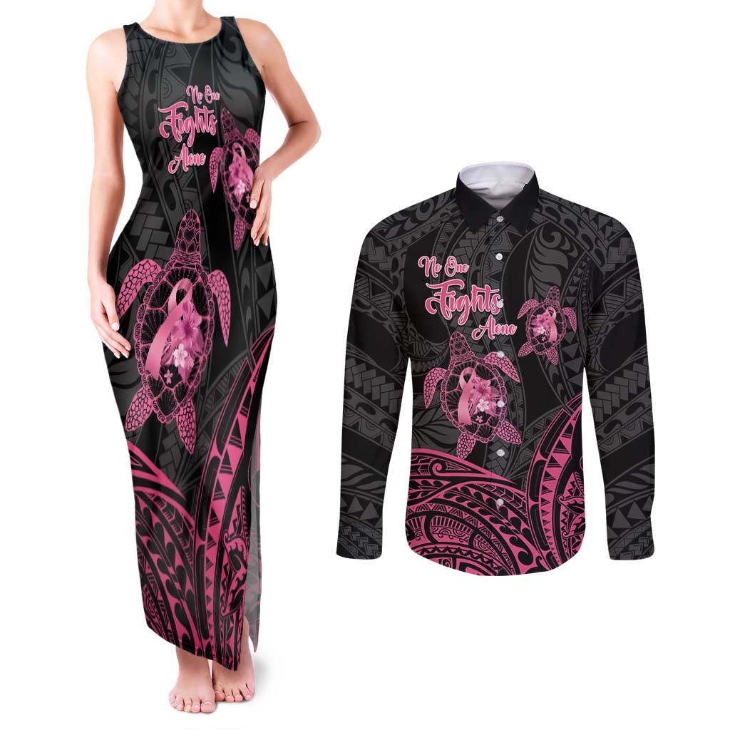 Personalised Polynesia Breast Cancer Awareness Couples Matching Tank Maxi Dress and Long Sleeve Button Shirt No One Fights Alone Turtle Ribbon - Black Version