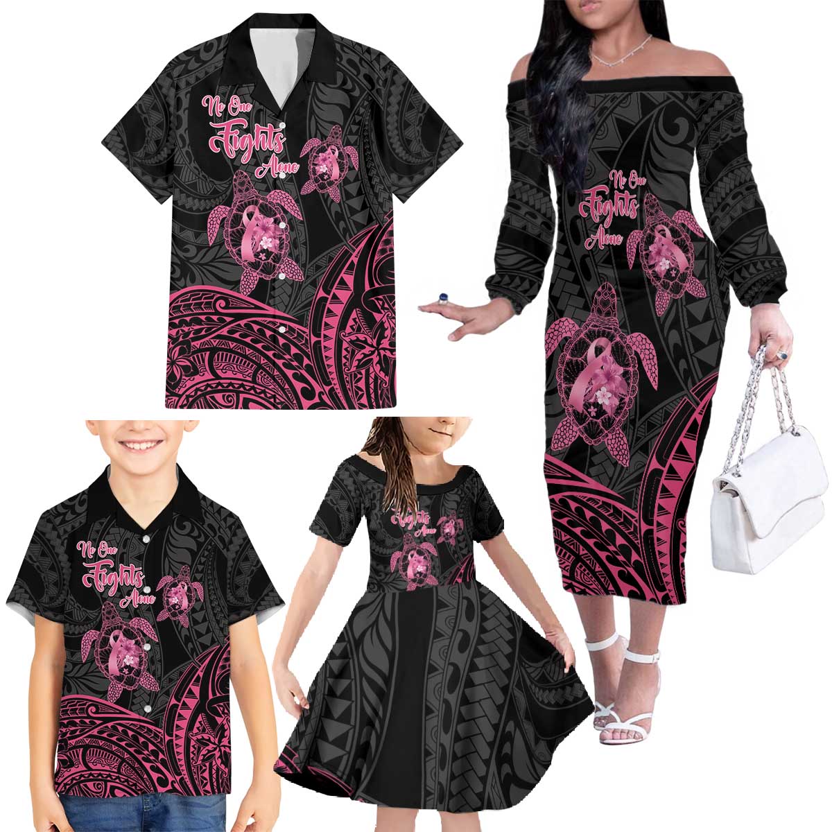 Personalised Polynesia Breast Cancer Awareness Family Matching Off The Shoulder Long Sleeve Dress and Hawaiian Shirt No One Fights Alone Turtle Ribbon - Black Version