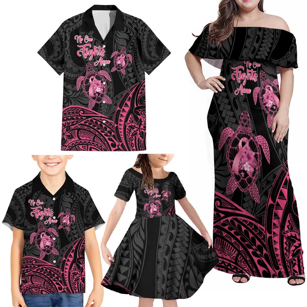 Personalised Polynesia Breast Cancer Awareness Family Matching Off Shoulder Maxi Dress and Hawaiian Shirt No One Fights Alone Turtle Ribbon - Black Version