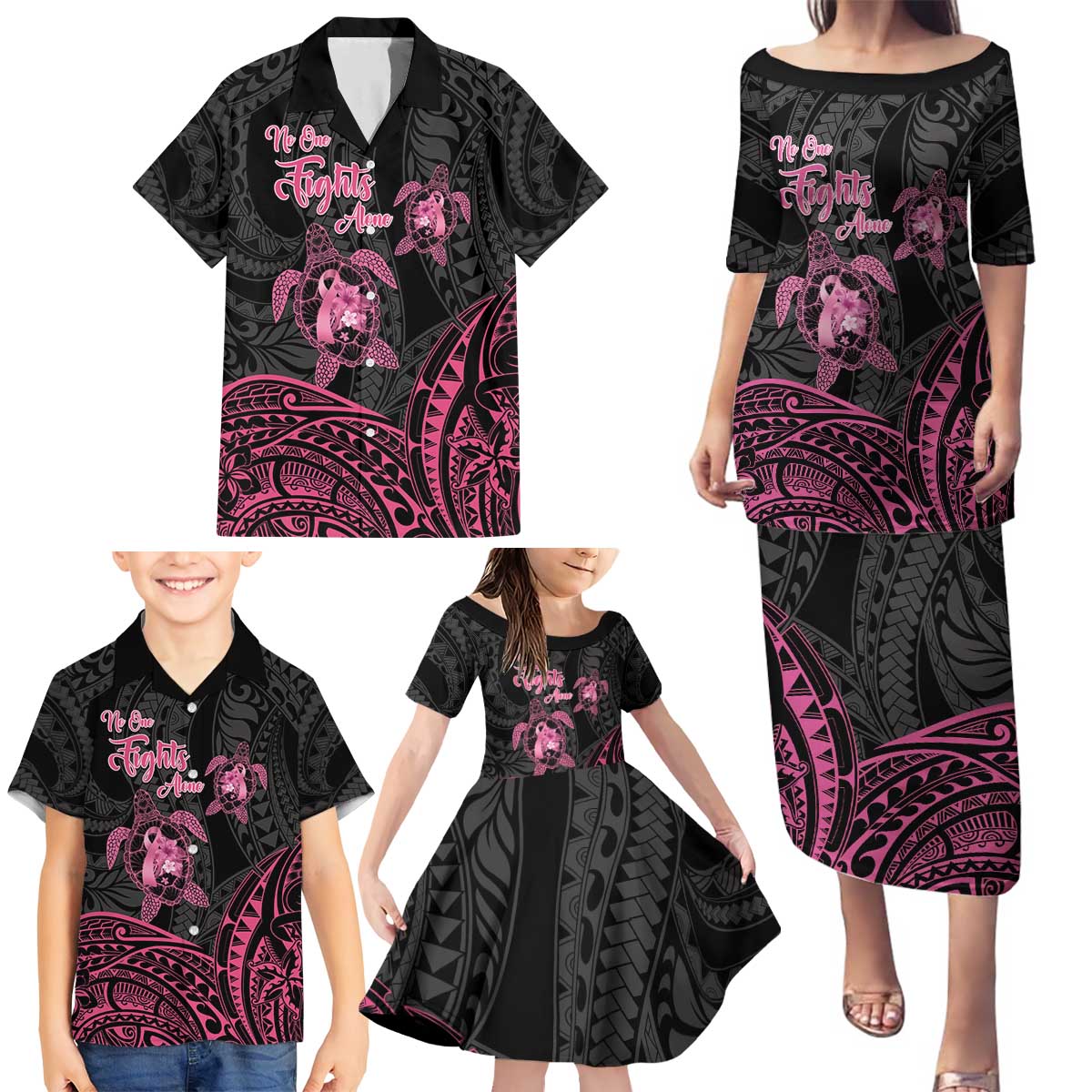 Personalised Polynesia Breast Cancer Awareness Family Matching Puletasi and Hawaiian Shirt No One Fights Alone Turtle Ribbon - Black Version