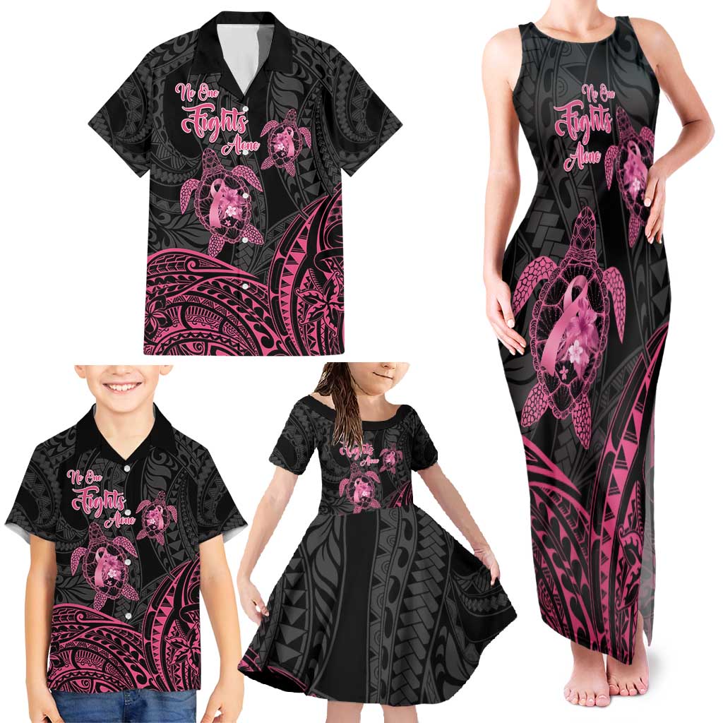 Personalised Polynesia Breast Cancer Awareness Family Matching Tank Maxi Dress and Hawaiian Shirt No One Fights Alone Turtle Ribbon - Black Version