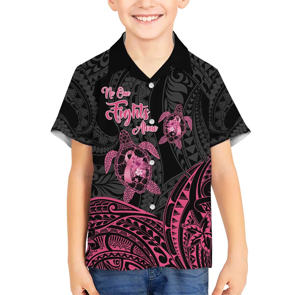 Personalised Polynesia Breast Cancer Awareness Kid Hawaiian Shirt No One Fights Alone Turtle Ribbon - Black Version LT14 Kid Black - Polynesian Pride