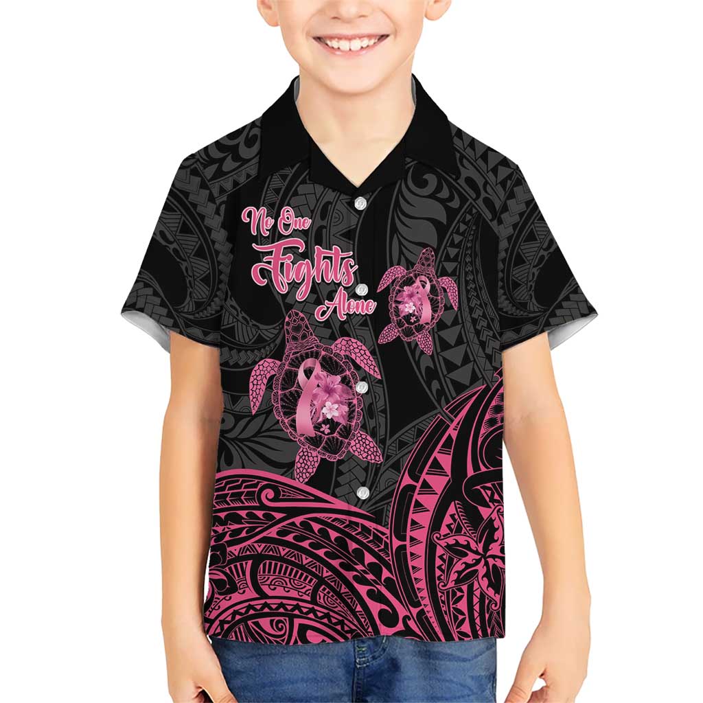 Personalised Polynesia Breast Cancer Awareness Kid Hawaiian Shirt No One Fights Alone Turtle Ribbon - Black Version