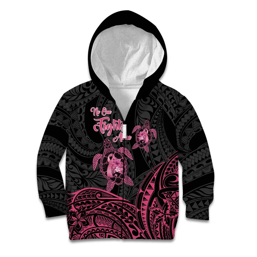 Personalised Polynesia Breast Cancer Awareness Kid Hoodie No One Fights Alone Turtle Ribbon - Black Version LT14 Zip Hoodie Black - Polynesian Pride