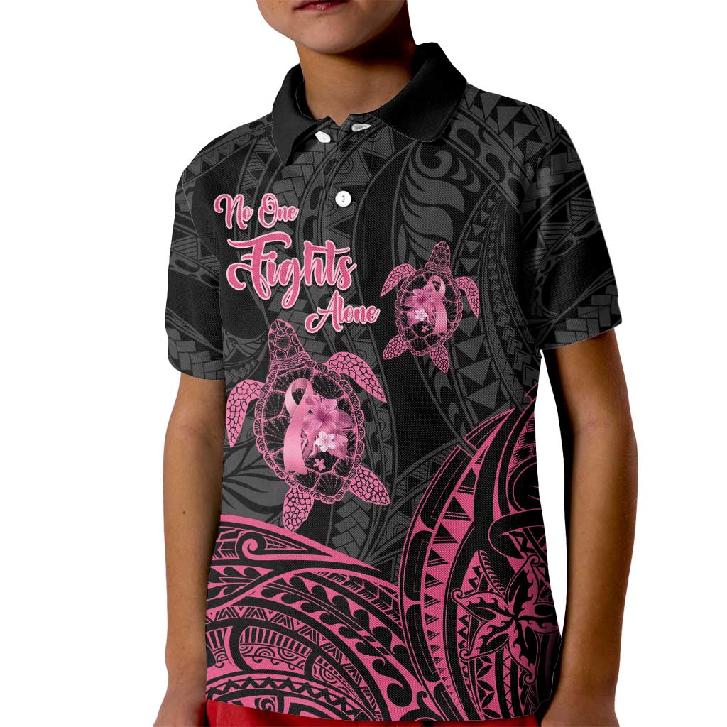 Personalised Polynesia Breast Cancer Awareness Kid Polo Shirt No One Fights Alone Turtle Ribbon - Black Version LT14 Kid Black - Polynesian Pride