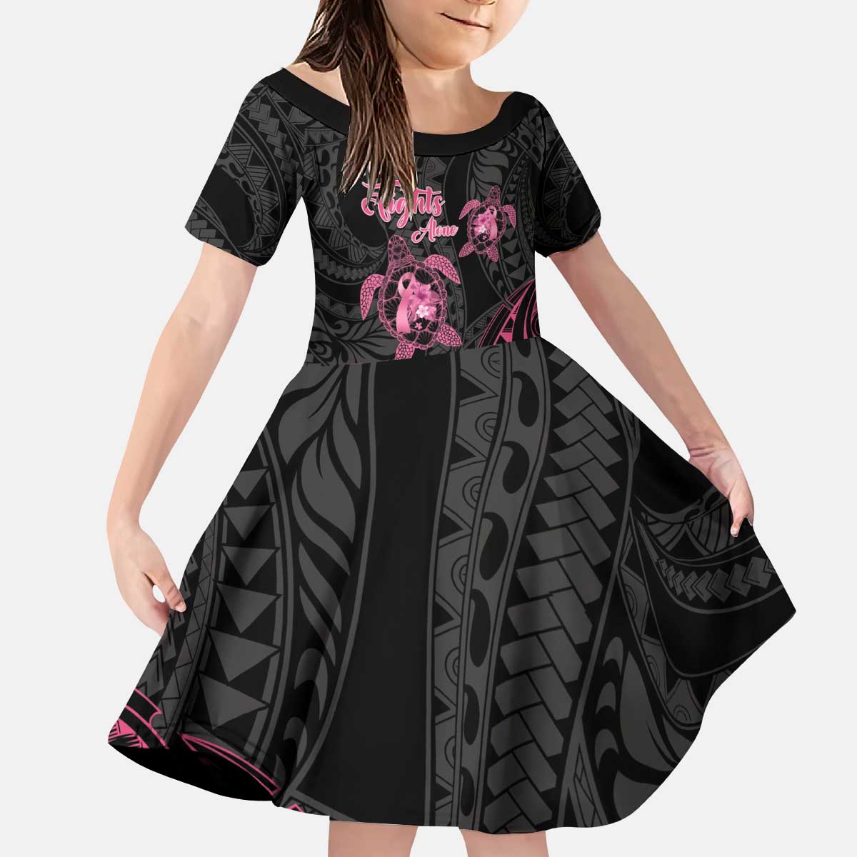 Personalised Polynesia Breast Cancer Awareness Kid Short Sleeve Dress No One Fights Alone Turtle Ribbon - Black Version