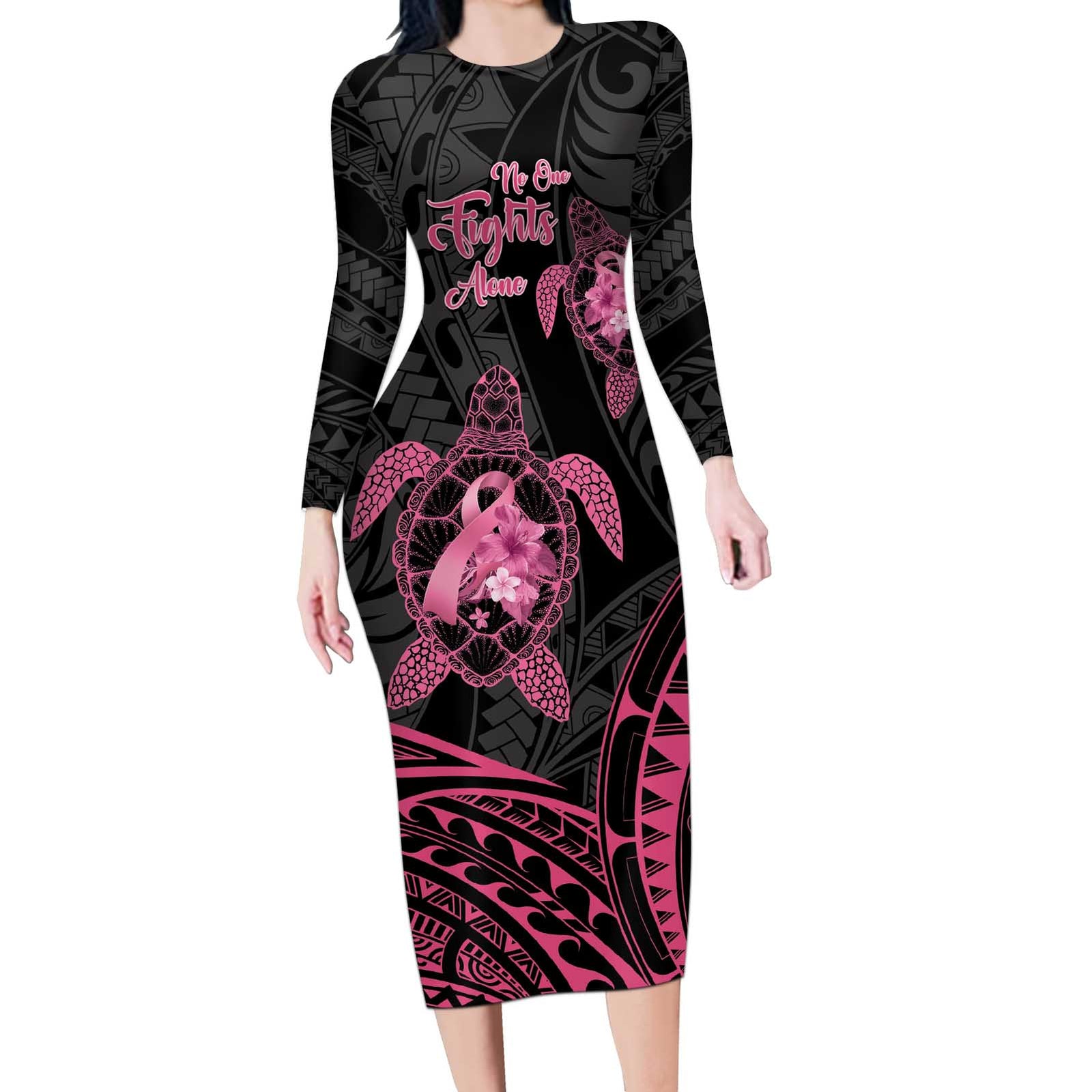 Personalised Polynesia Breast Cancer Awareness Long Sleeve Bodycon Dress No One Fights Alone Turtle Ribbon - Black Version LT14 Long Dress Black - Polynesian Pride