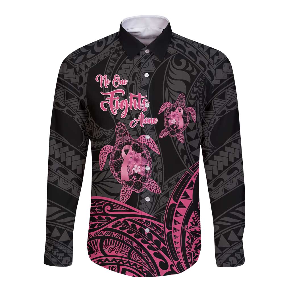 Personalised Polynesia Breast Cancer Awareness Long Sleeve Button Shirt No One Fights Alone Turtle Ribbon - Black Version LT14 Unisex Black - Polynesian Pride