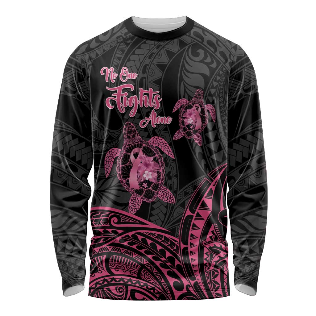 Personalised Polynesia Breast Cancer Awareness Long Sleeve Shirt No One Fights Alone Turtle Ribbon - Black Version LT14 Unisex Black - Polynesian Pride