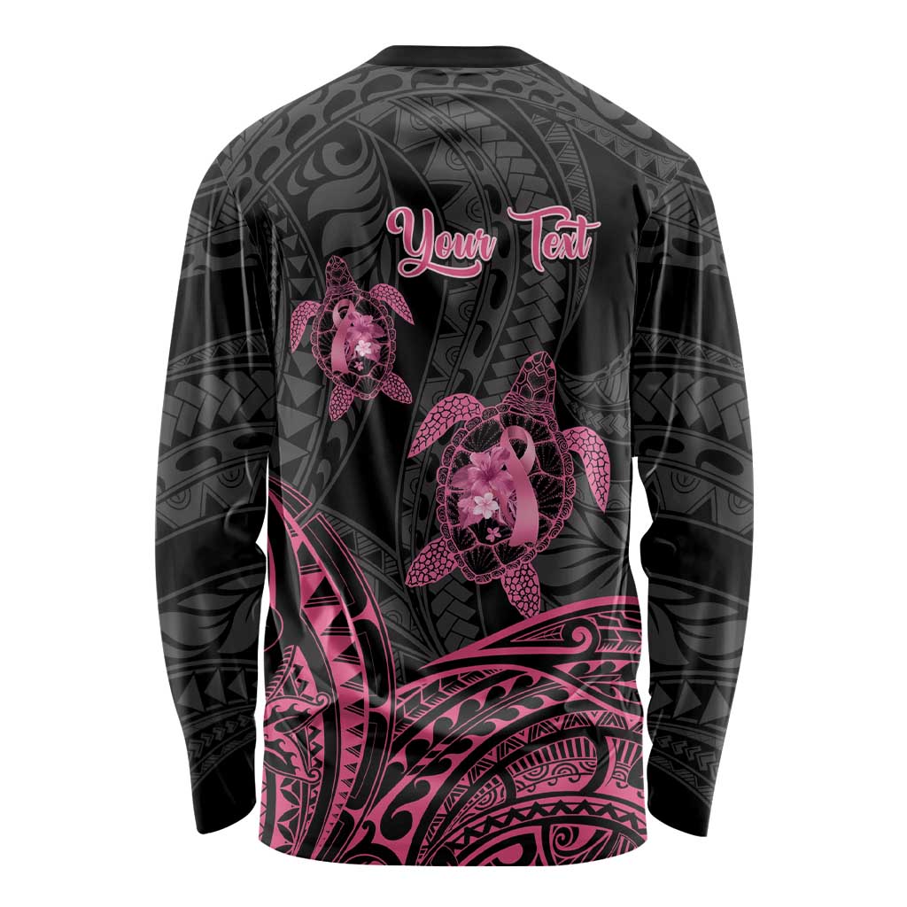 Personalised Polynesia Breast Cancer Awareness Long Sleeve Shirt No One Fights Alone Turtle Ribbon - Black Version LT14 - Polynesian Pride